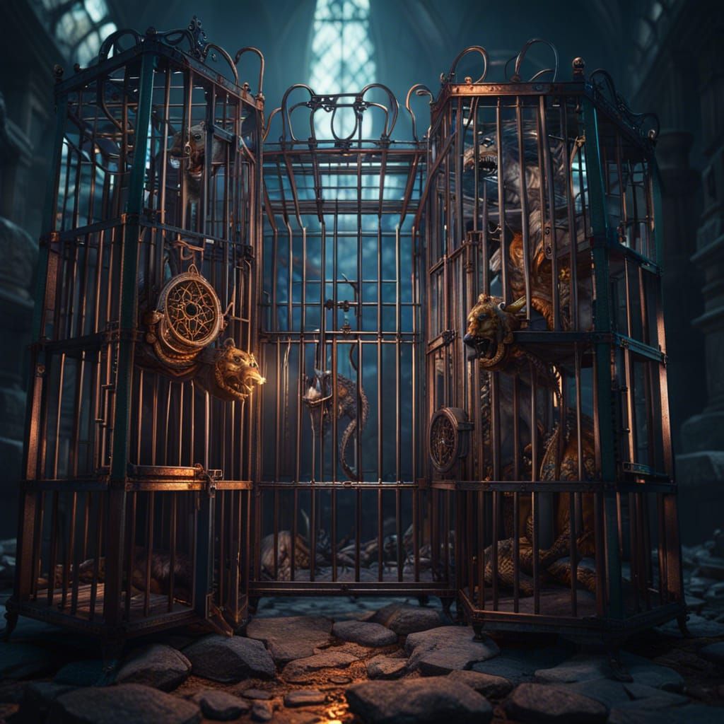 Chimera in Government Cages: Detailed Fantasy Art