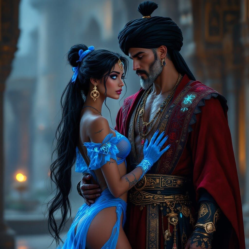 Ethereal Goth Princess Jasmine in Seductive Pose with Jafar