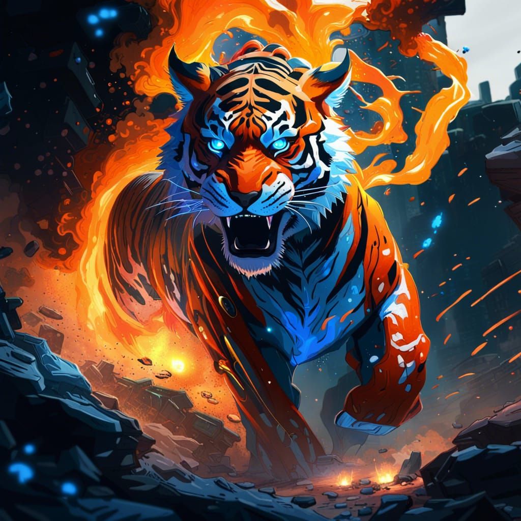 Tiger Stalking Through Explosions: Fantasy Concept Art