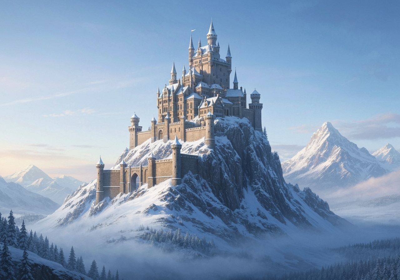 Majestic Snow-Dusted Castle on Mountain Peak