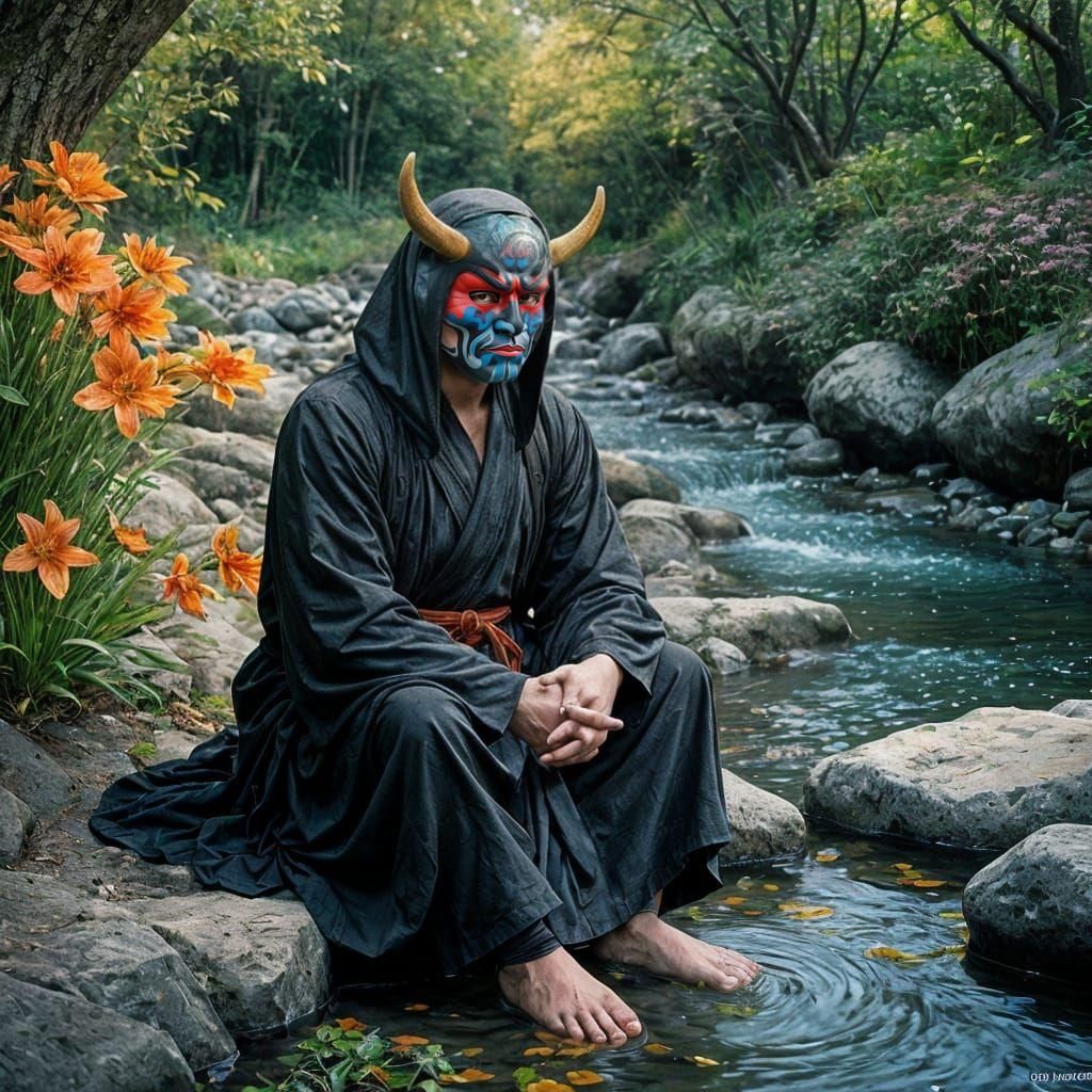 Meditating Figure with Oni Mask in Nature