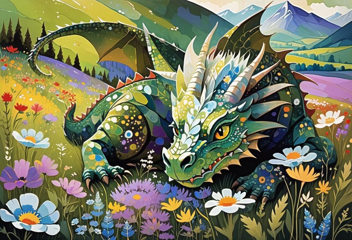 Charming Dragon in Spring Wildflower Meadow