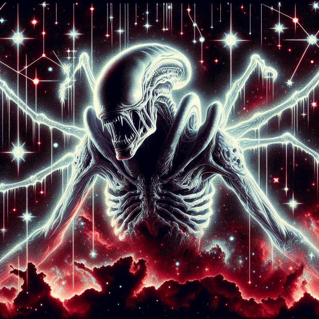 Surreal Xenomorph Emerge from Cosmic Constellation in Horror...