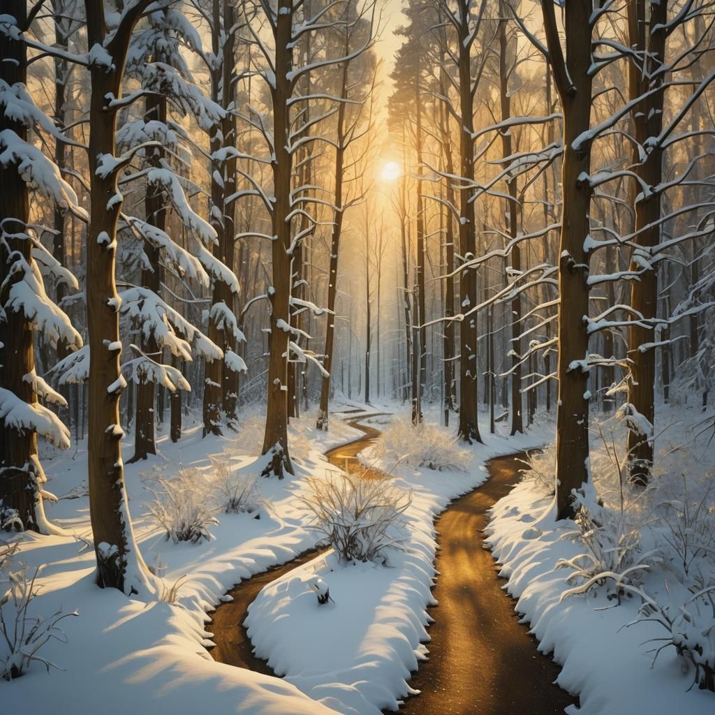 Snowy Forest Path in Surrealist Digital Painting Style