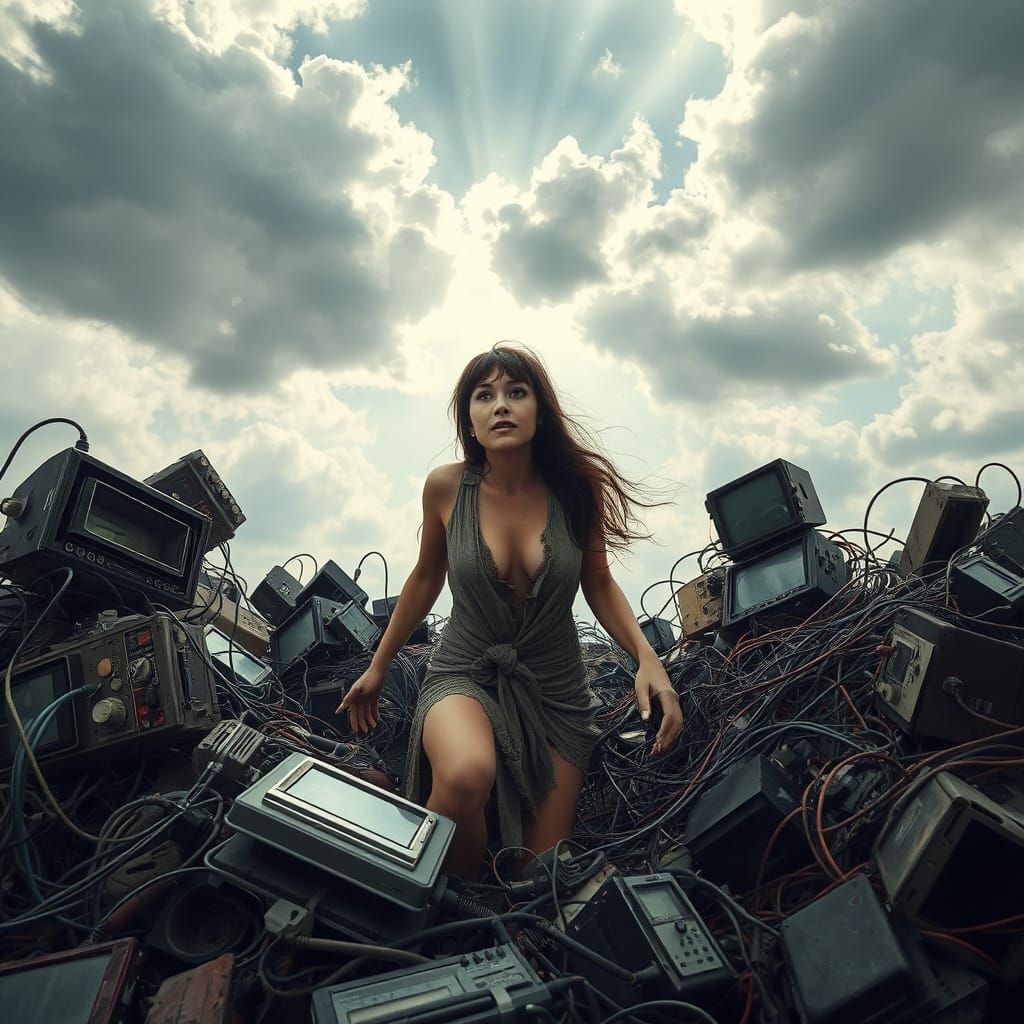 Dystopian Woman Reaching for Sunlight: Industrial Sci-Fi Art