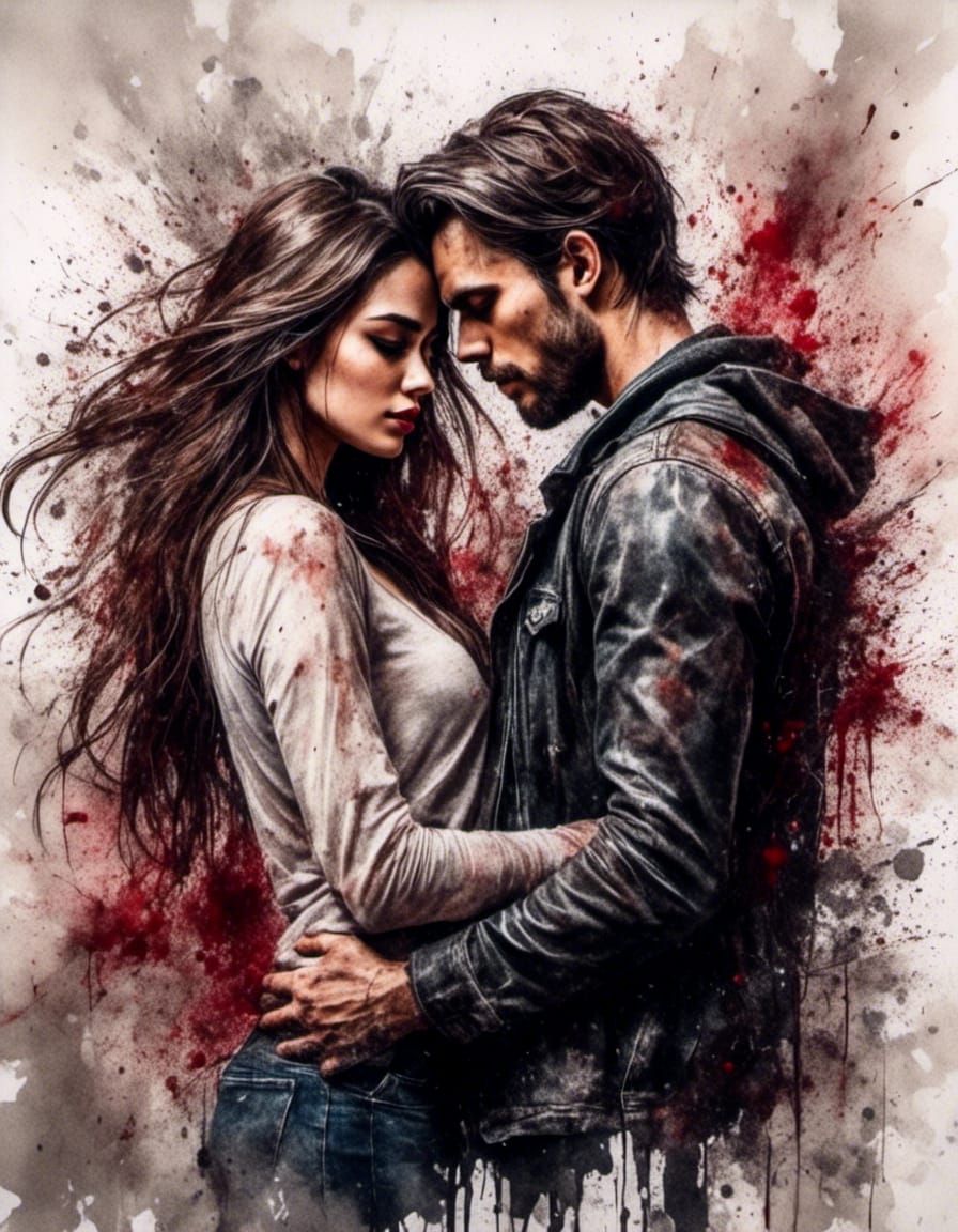 Passionate Couple in Love: Ink Splatter Art