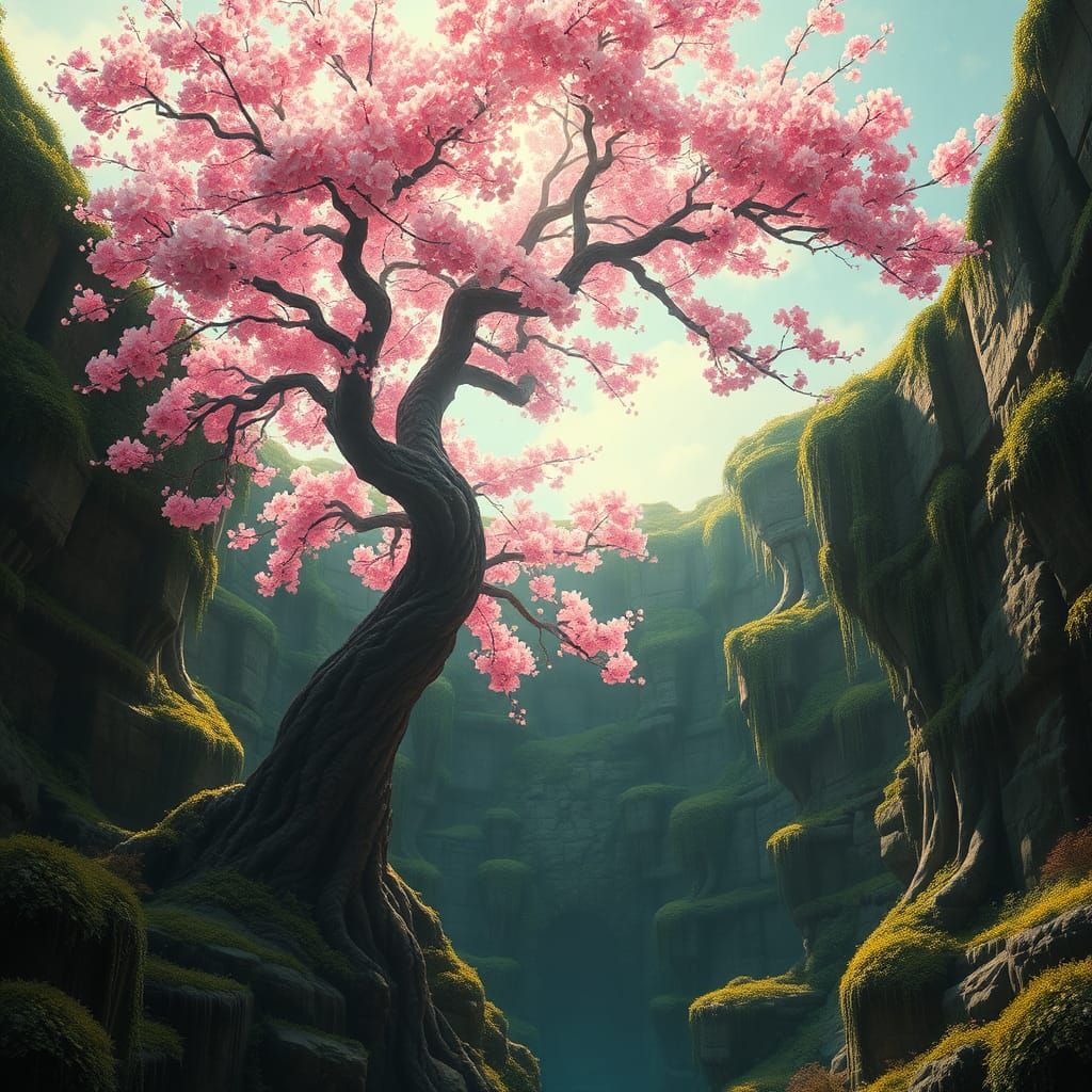 Cherry Blossom Tree in Ancient Pit: Matte Painting
