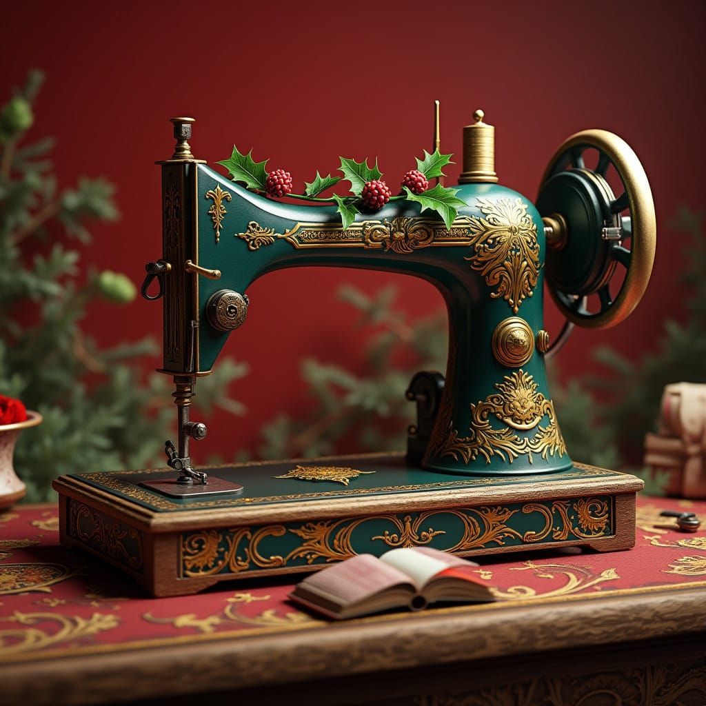 Vintage-Style Hand Crank Sewing Machine Amidst Holiday Decor