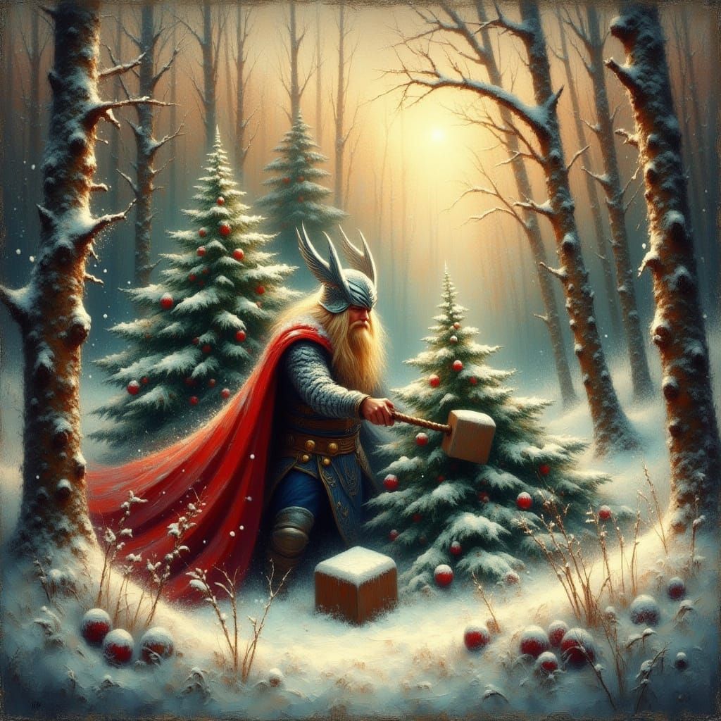 Thor Cuts Down a Christmas Tree in Snowy Forest