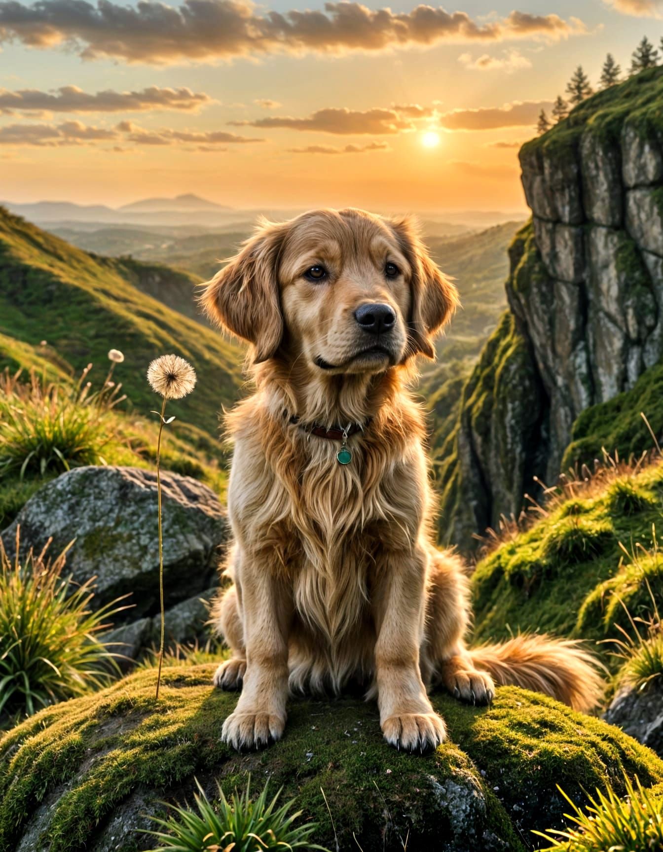 Golden Retriever King on Misty Cliff at Sunset