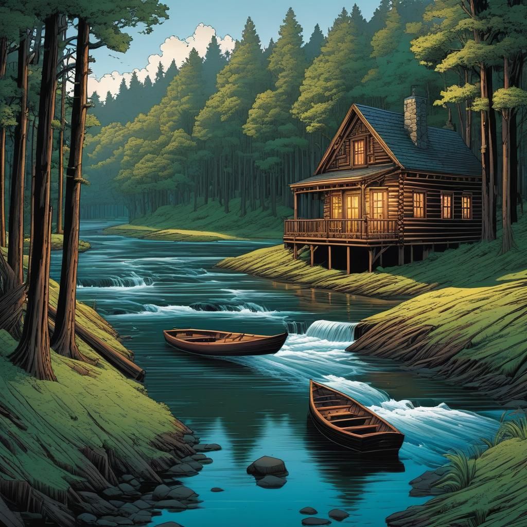Cartoon Wooden House on River in Comic Book Art