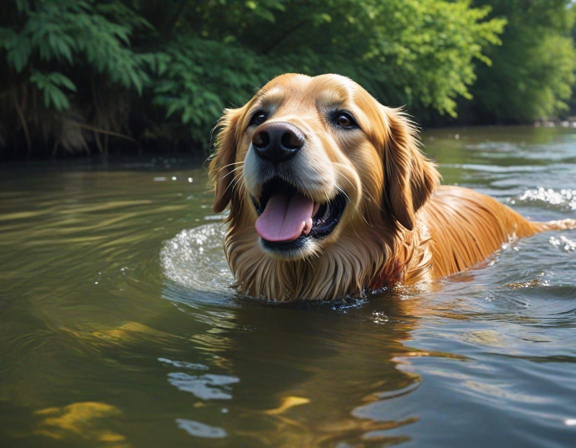 Golden Retriever Swimming: Colorful Digital Art