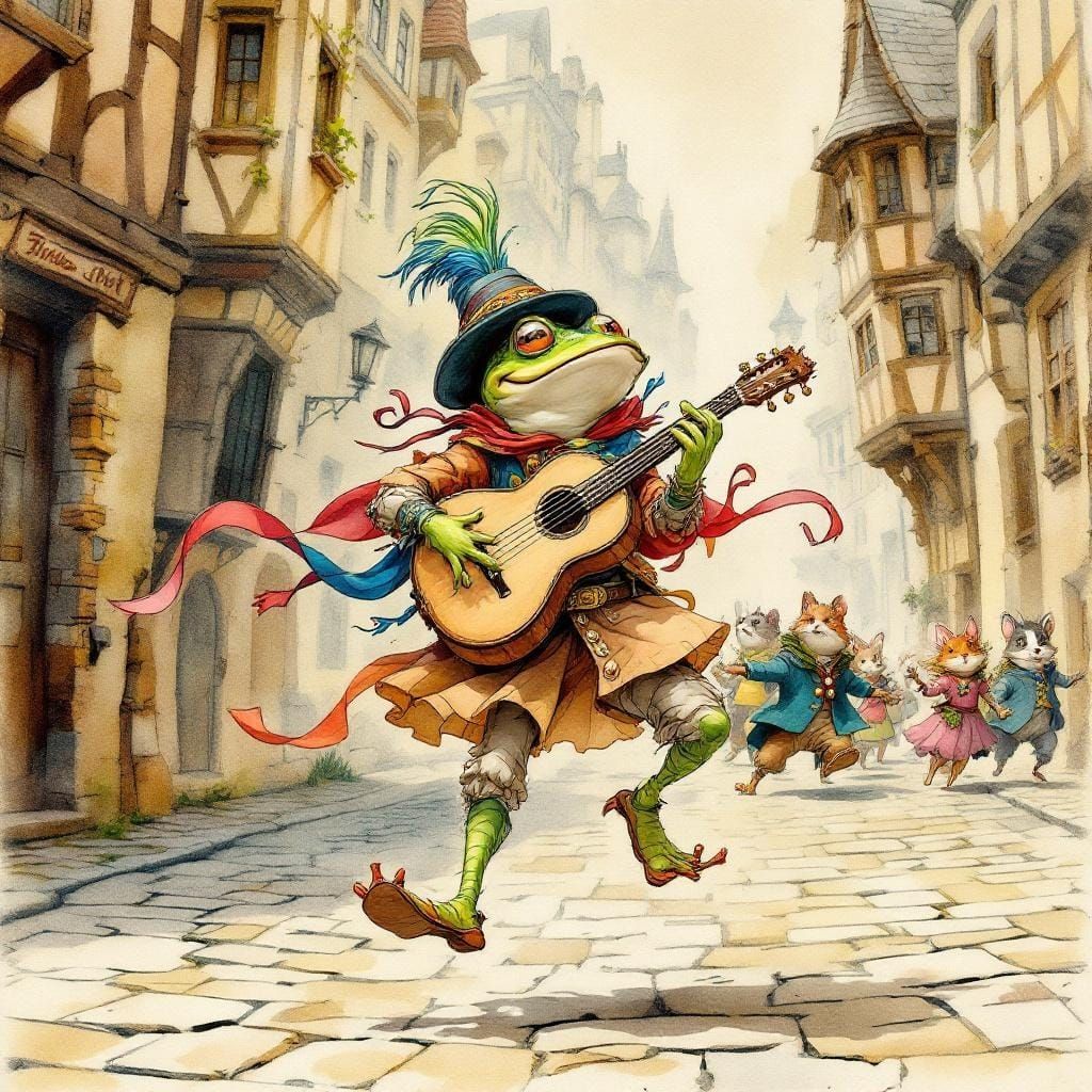 Frog Bard's Joyful Dance in Arthur Rackham Style