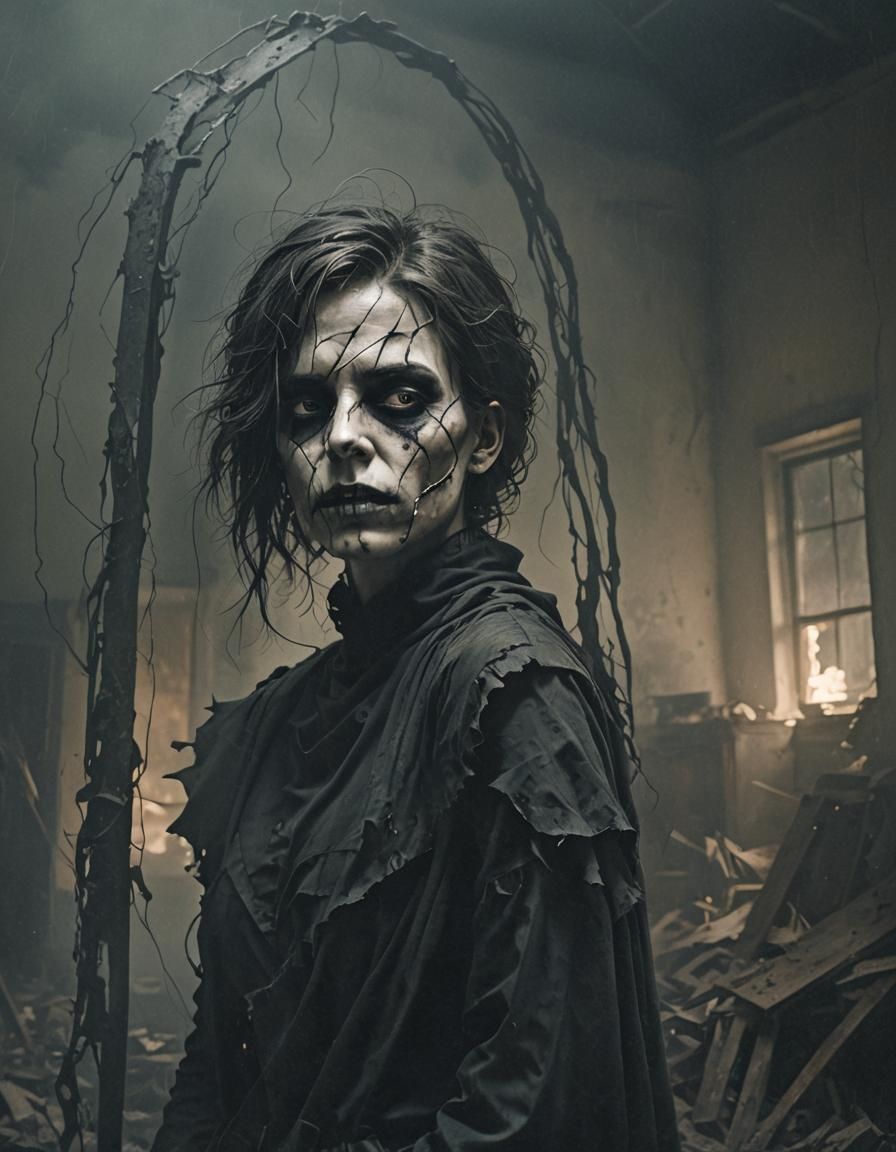 Gothic Figure in Ruined Asylum: Digital Art