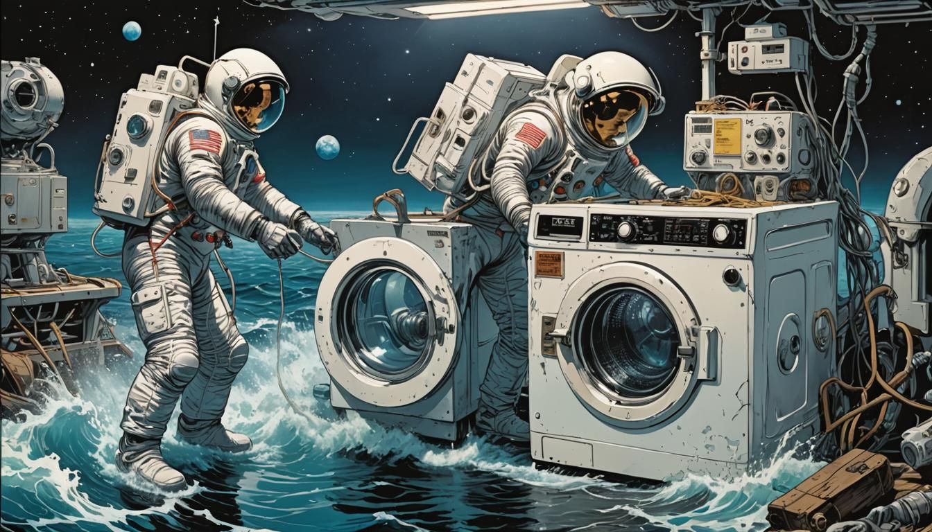 Washing Machine Spacesuit in Ocean: Comic Book Art