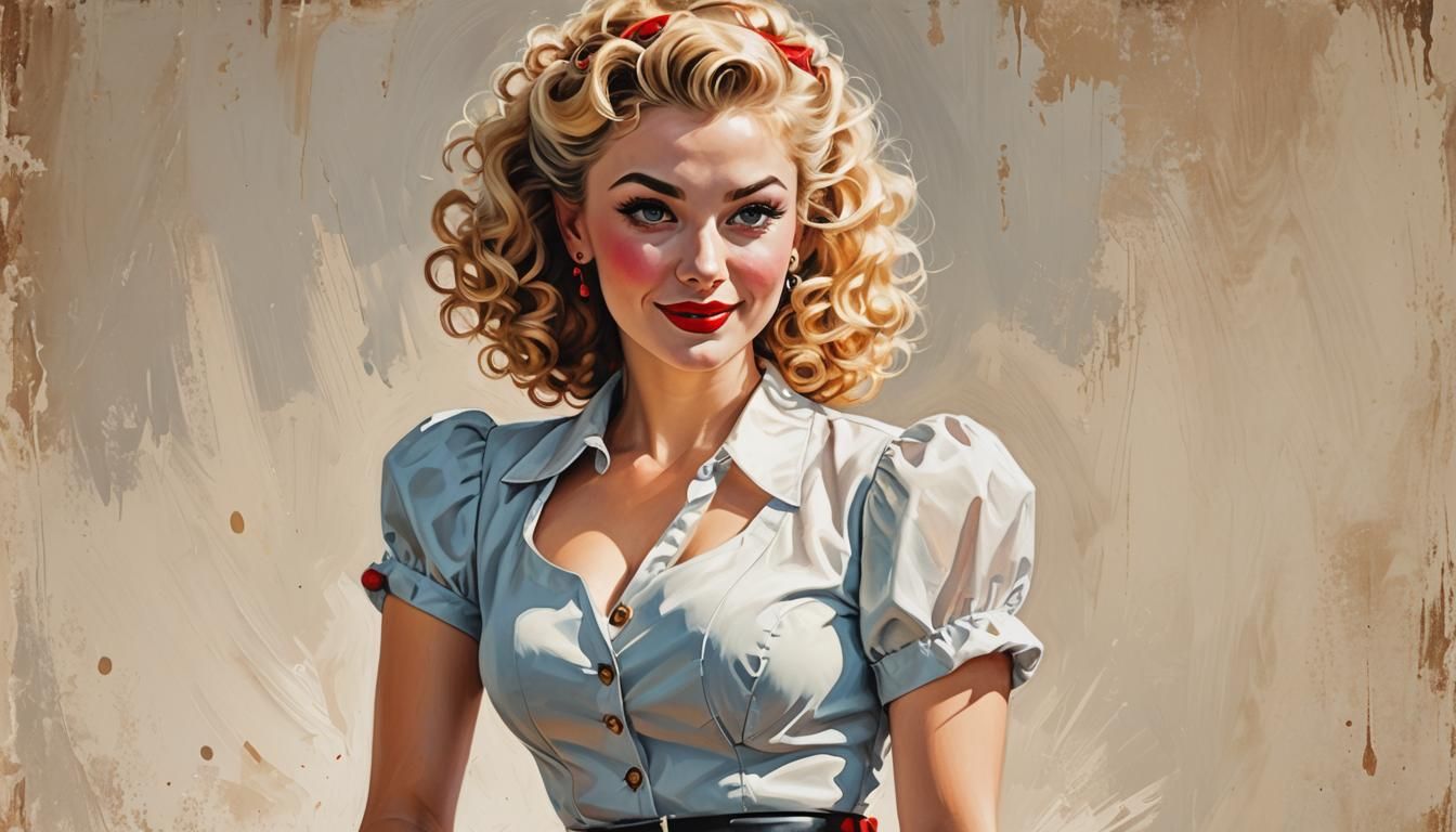 Attractive Pinup Woman with Blonde Hair, Acrylic Painting