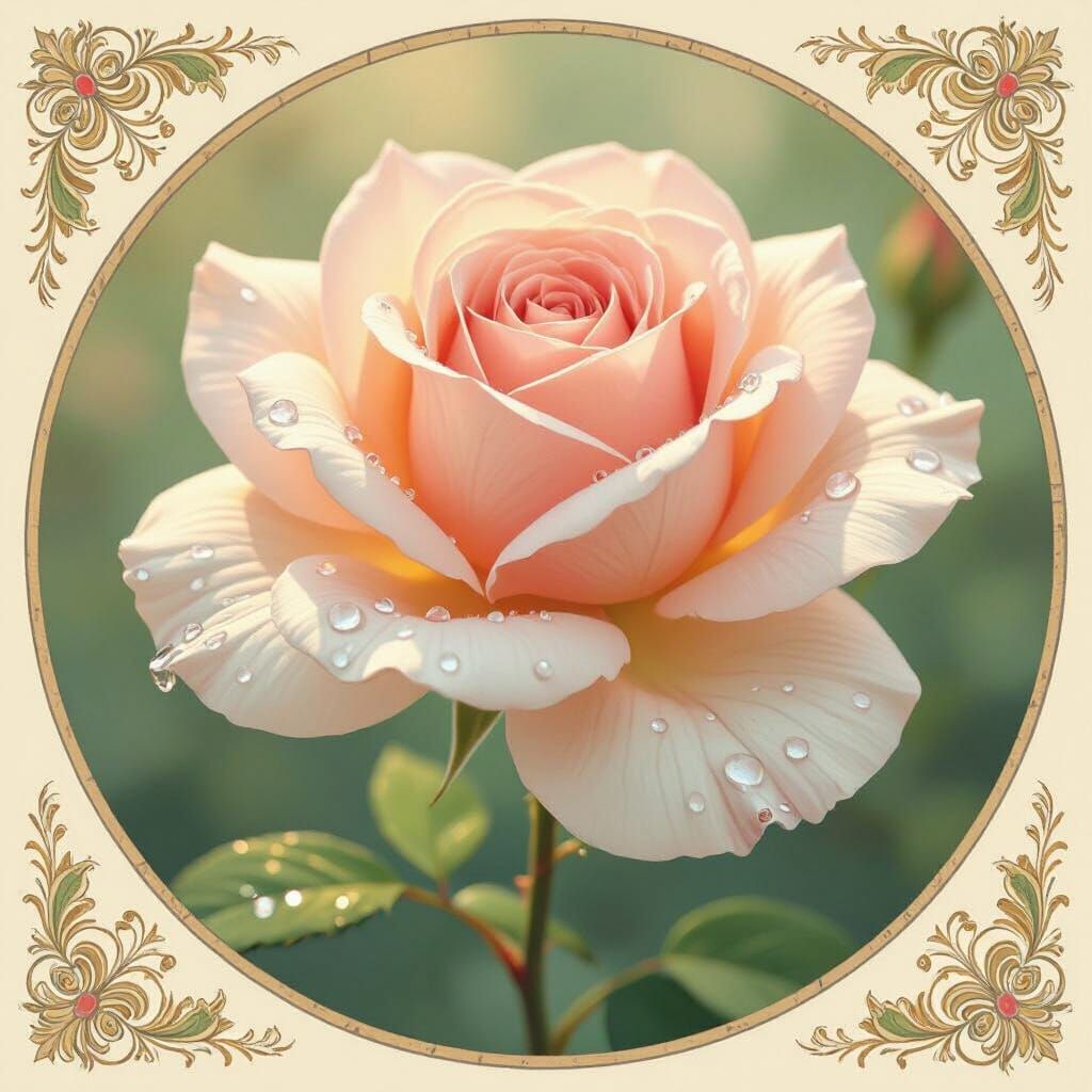 Rose with Dew Drops in Art Nouveau Style