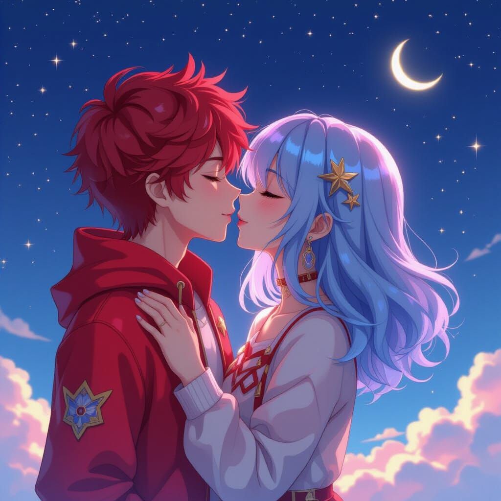 Anime Couple Kissing in Starry Night Sky