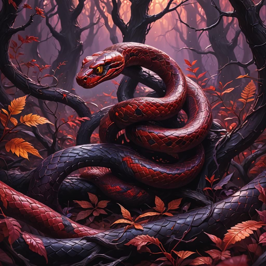 Red Snake in Red Forest: Dark Fantasy Oil Painting