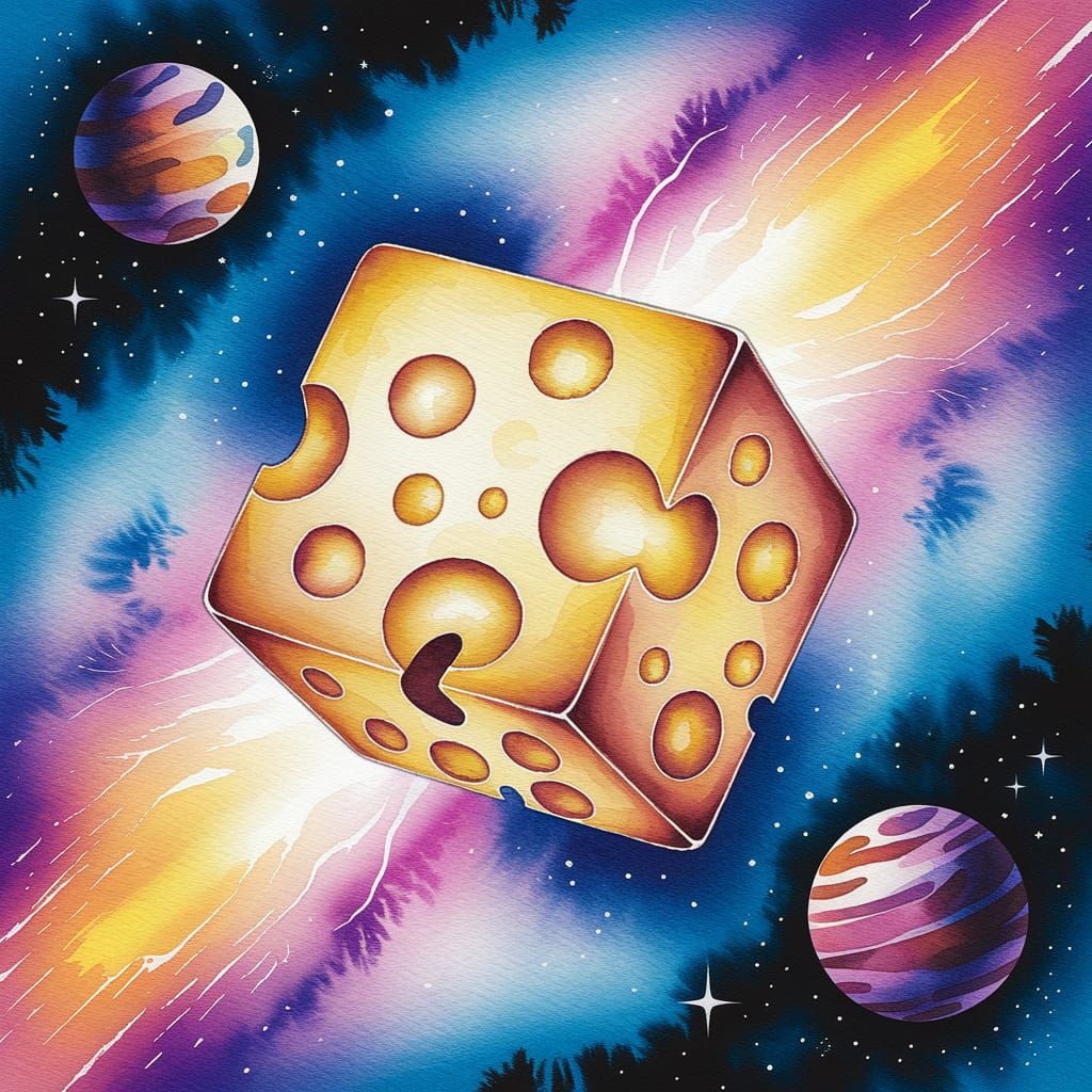 Swiss Cheese Cube in Space: Watercolor Painting