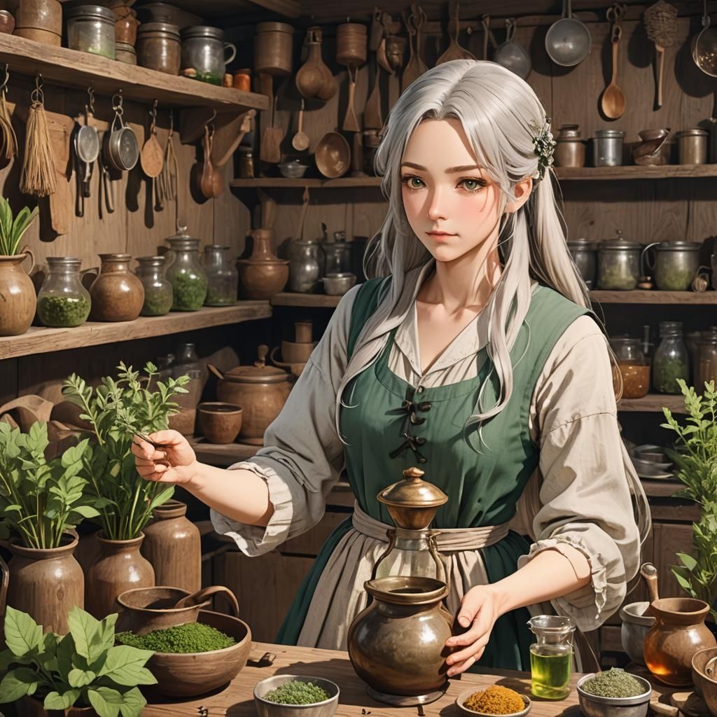 Anime Herbalist in 18th Century Kitchen, Ghibli Style