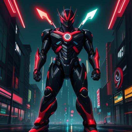 Mecha Hero Kabuto Rides into Neon Cityscape at Dusk