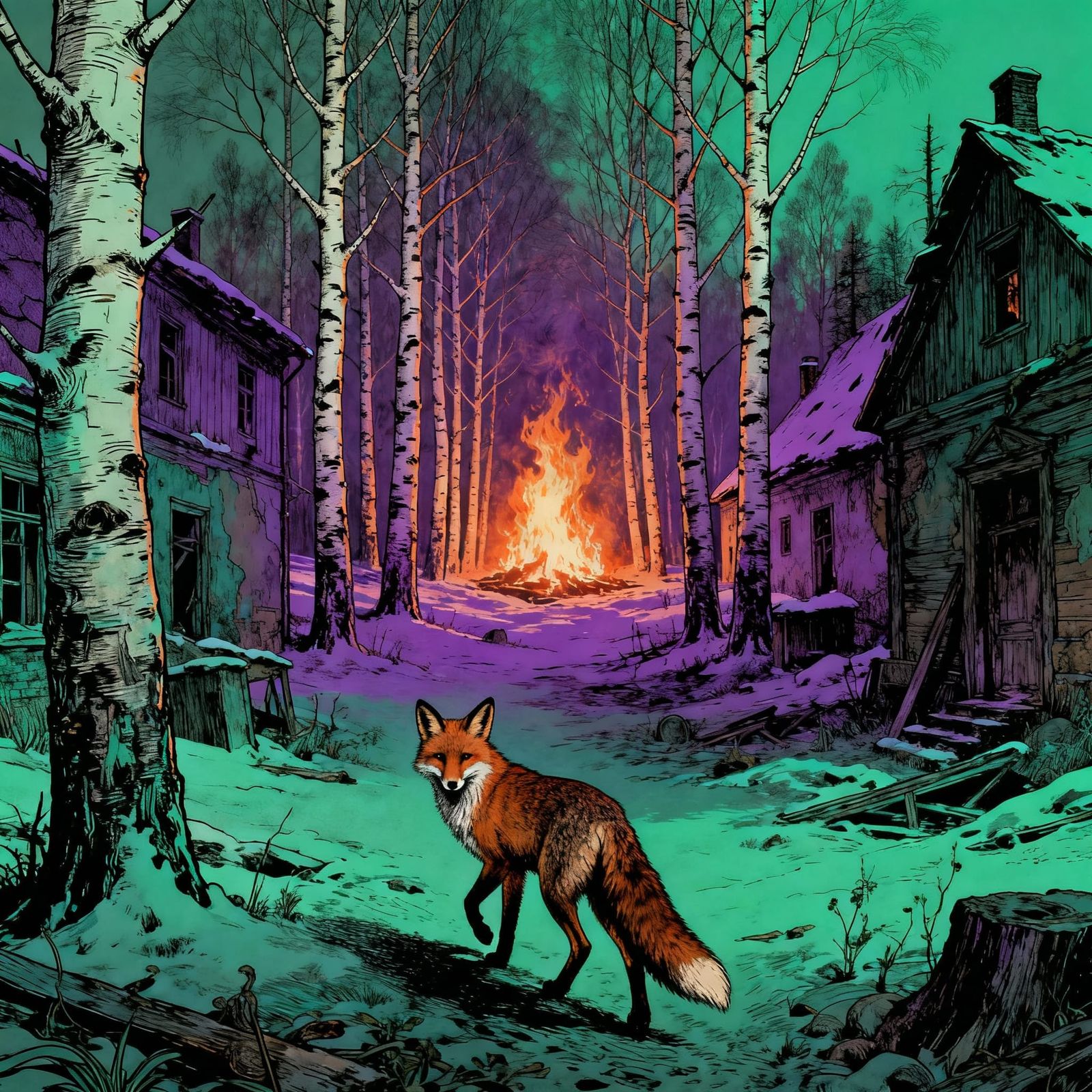 Surreal Fox in Abandoned Village with Winter Fire