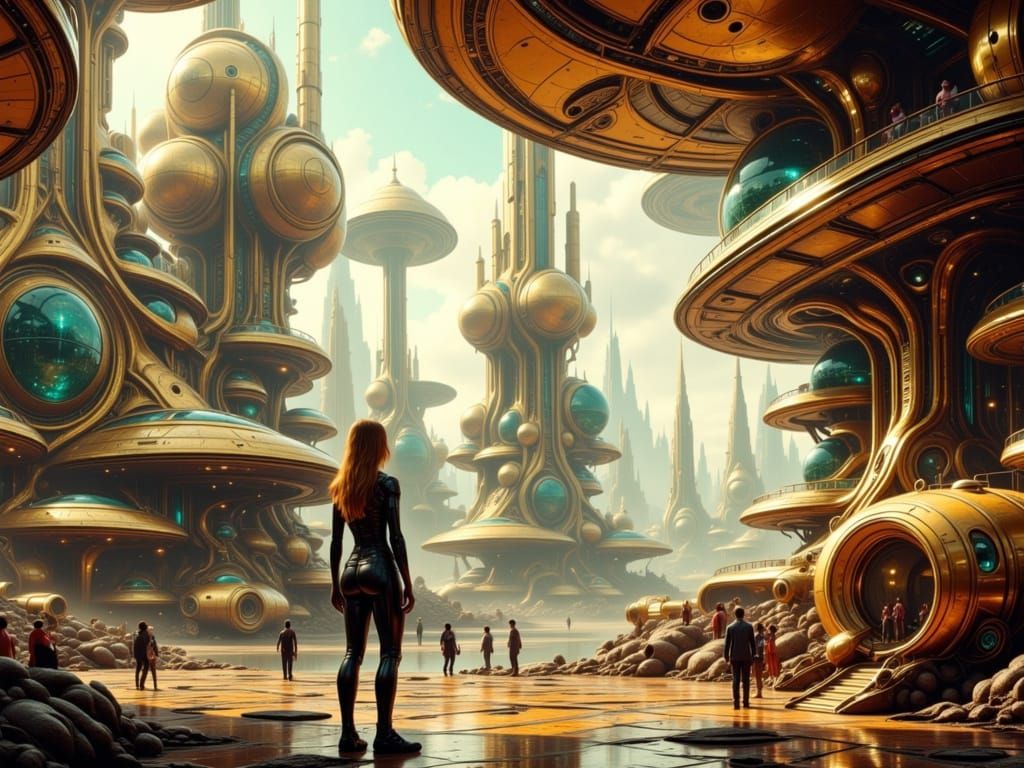Sci-Fi Cityscape on Alien Planet with Art Deco Architecture