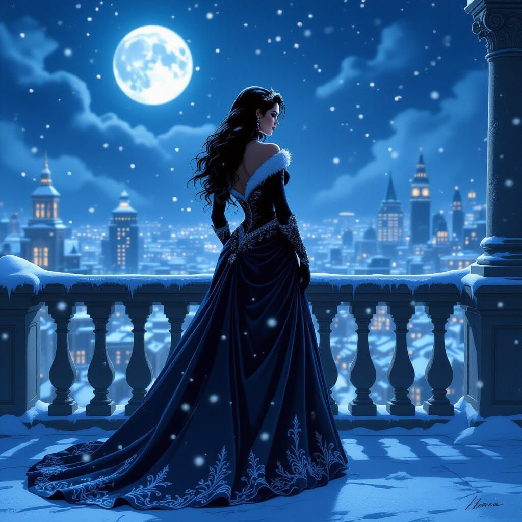 Nyssa Al Ghul in Snowy Gown on Frozen Balcony