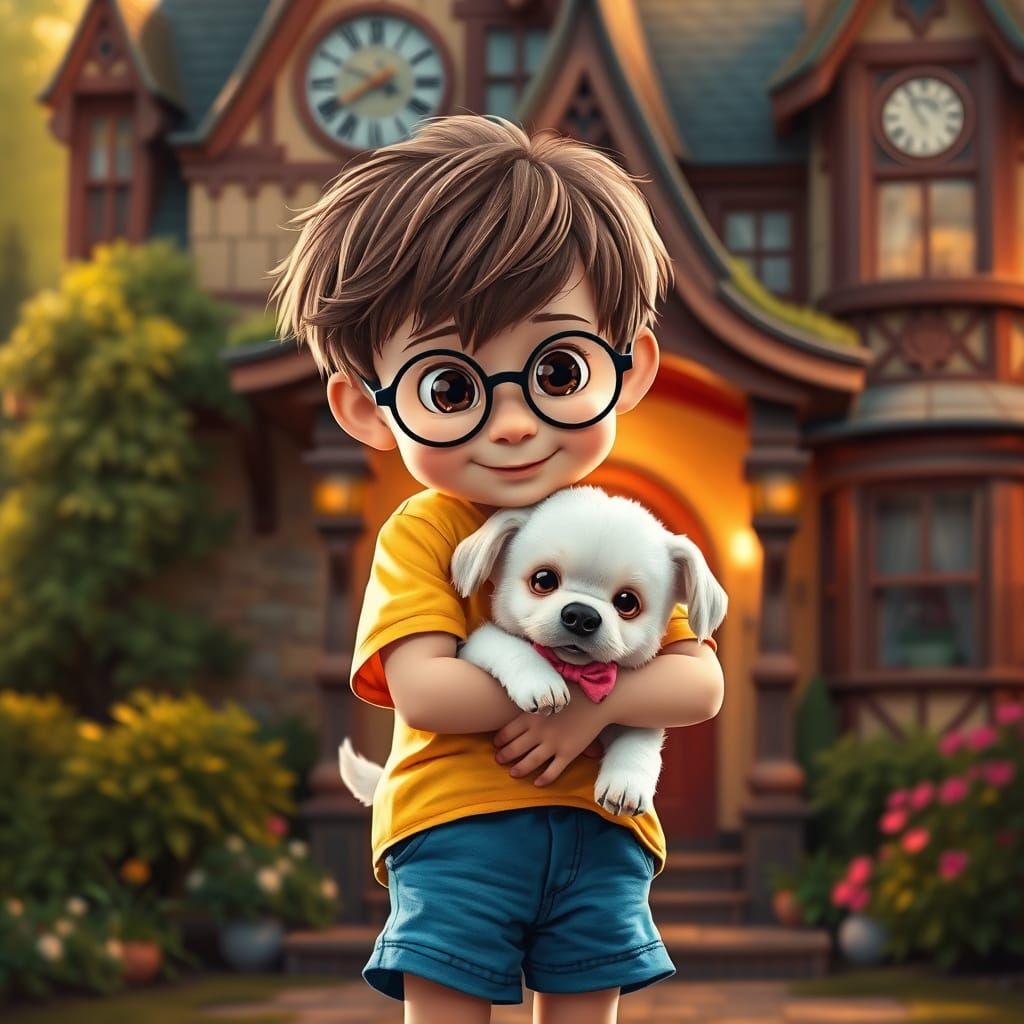 Whimsical Boy and Puppy in Enchanted House Facade