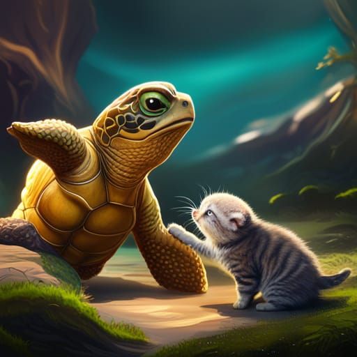 Turtle and Kitten Play in Detailed Fantasy Art