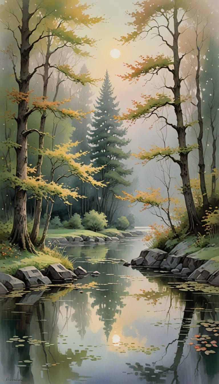 Surreal Watercolor Landscape with Serene Maple Tree