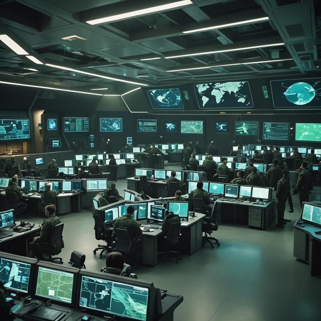 Futuristic World War 3 Command Center: Cinematic Film Still