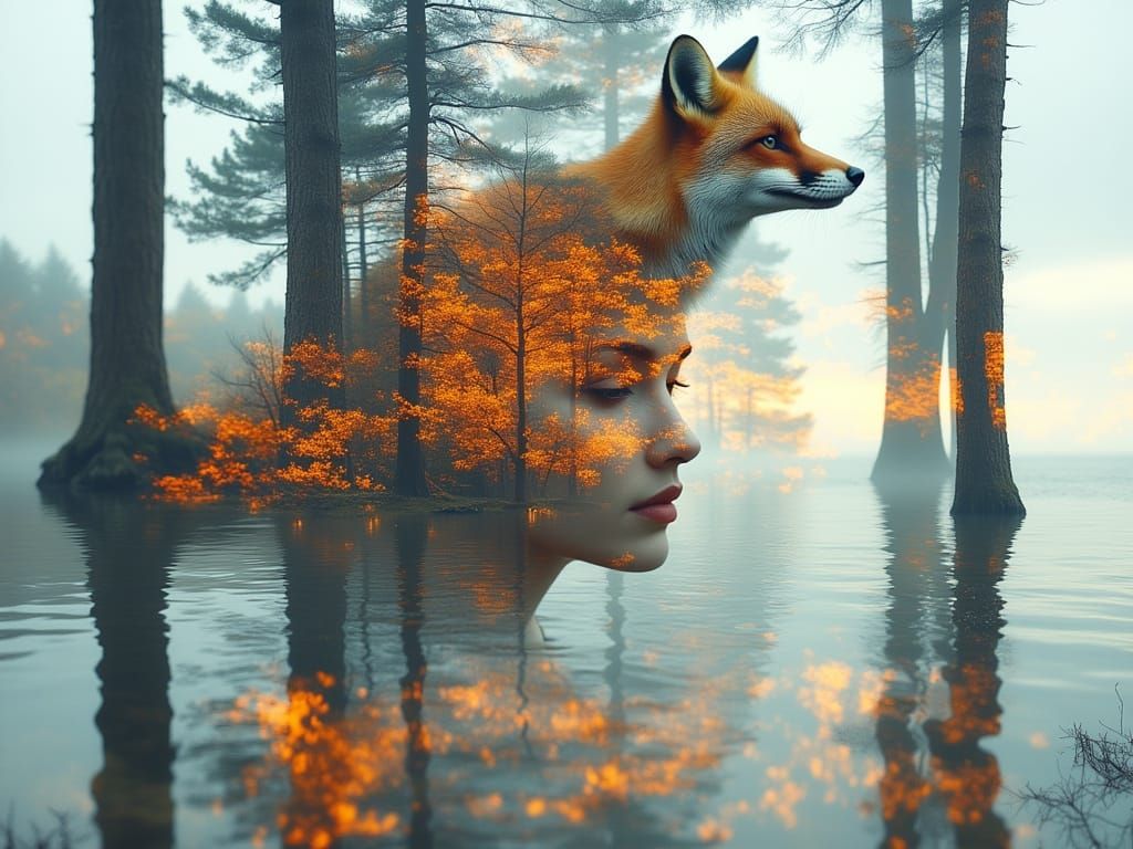 Red Fox Double Exposure with Forest and Ocean