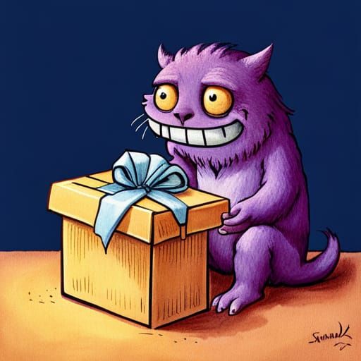 Cute Purple Monster Opens Gift, Children's Book Illustration