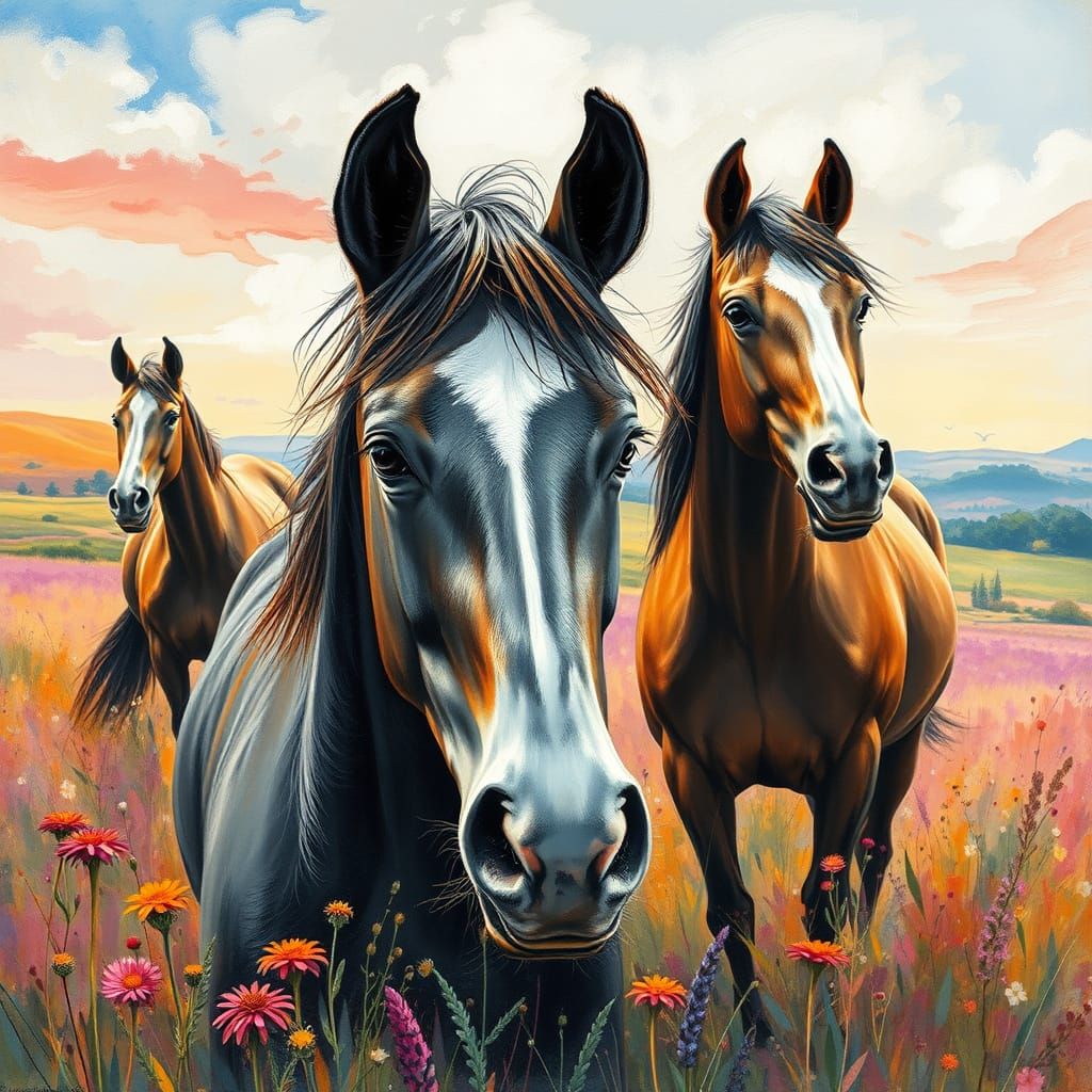Vibrant Horses in Idyllic Prairie Landscape, Impressionist M...
