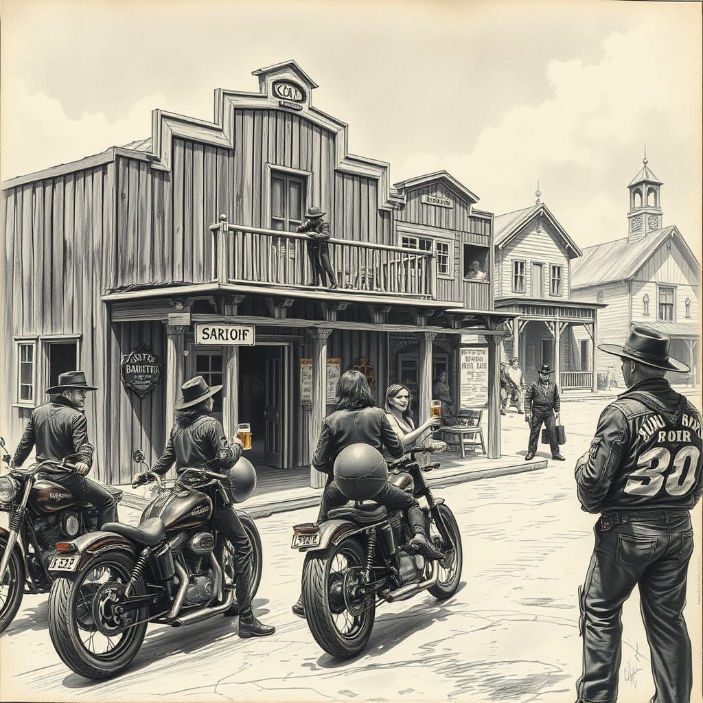 Bikers in Black Leather Vests Gather Outside a Saloon in a H...