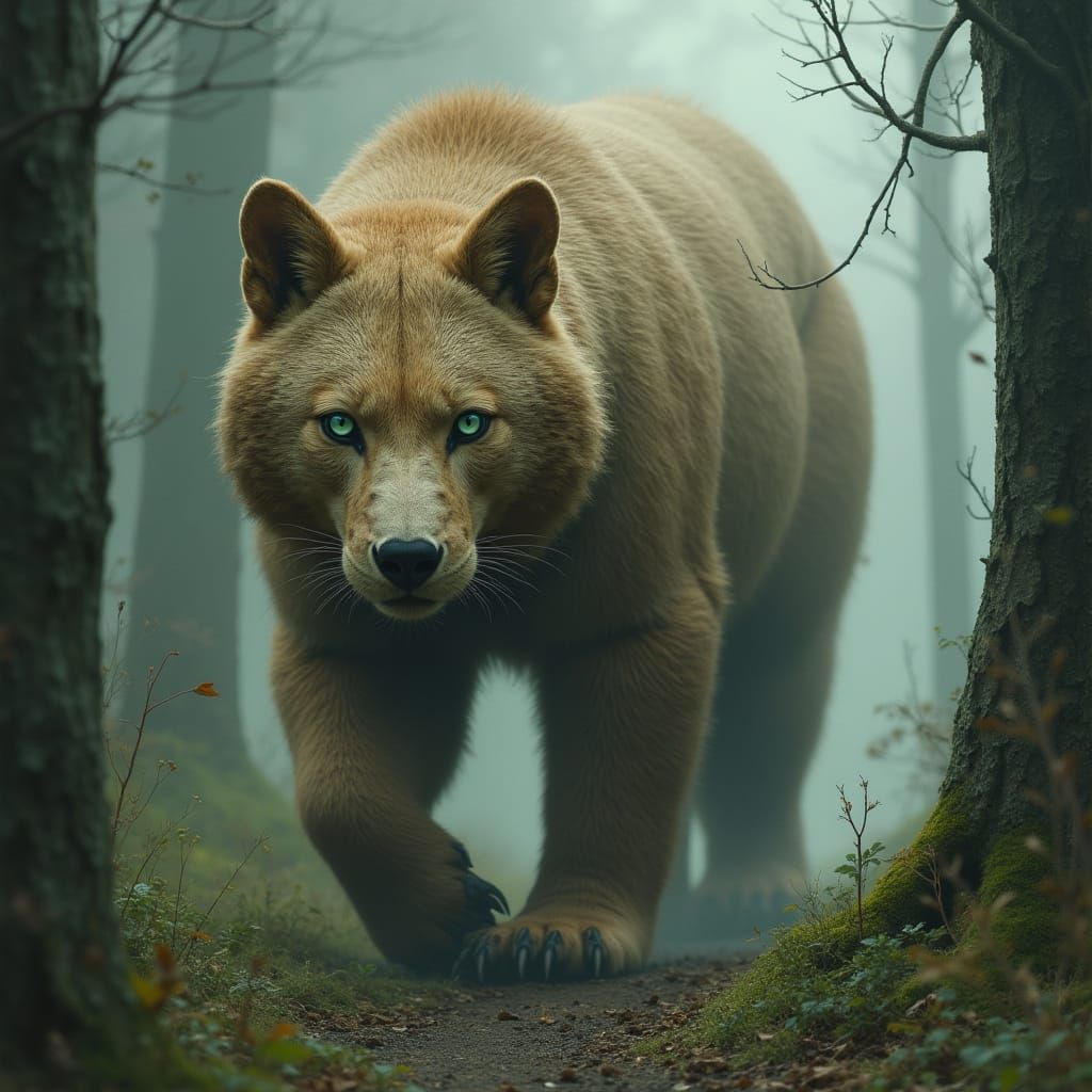 Sleek Feline Bear in Mystical Forest, in Fantastical Illustr...