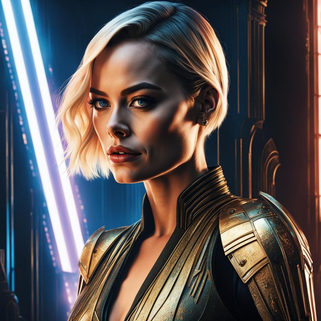 Margot Robbie Portrait in Dark Light, Art Deco Style