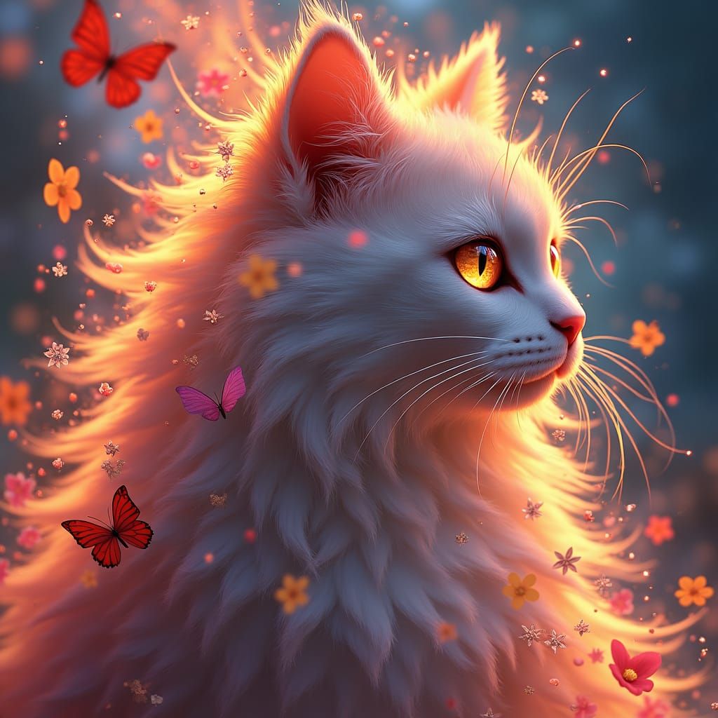 Majestic Cat Engulfed in Flowers and Anime Art