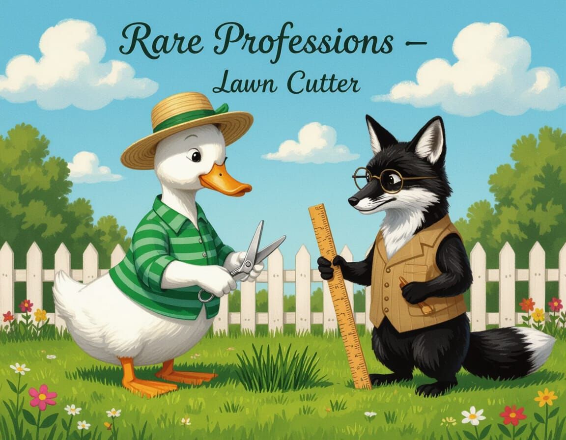 Anthropomorphic Duck as Lawn Cutter in Whimsical Illustratio...