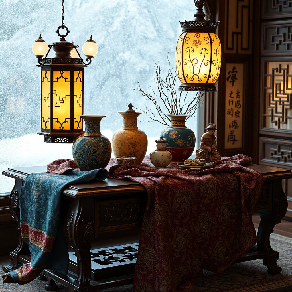 Opulent Chinese Silks and Porcelain Still Life