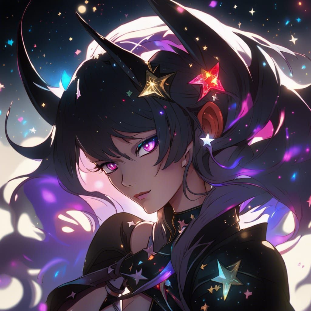 Demoness in Dark Armor with Stars, Anime Style
