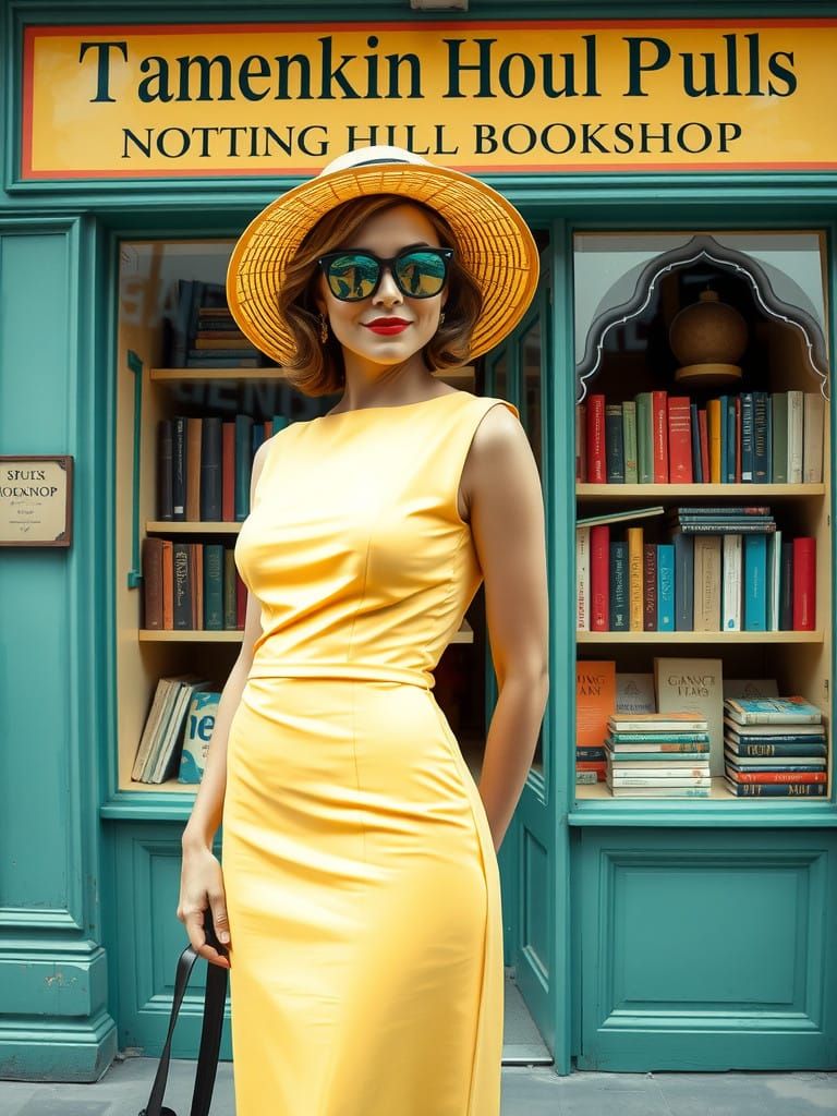 Elegant Actress in Front of Notting Hill Bookshop in Whimsic...
