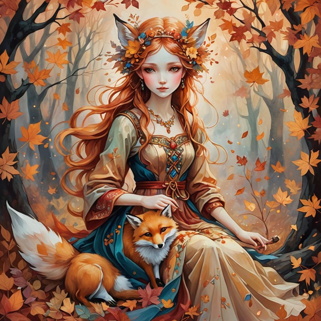 Autumn Fairy with Fox in Whimsical Illustration