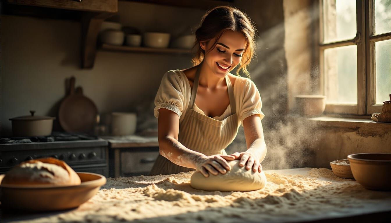 Baker Kneading Dough in Sunlit Rustic Kitchen