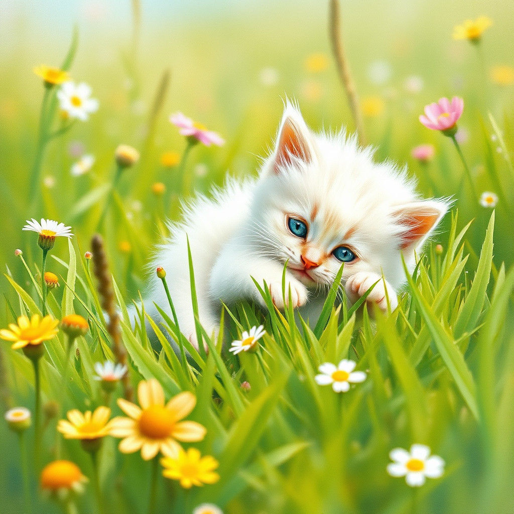 Fluffy Kitten Playing in Wildflower Meadow, Watercolor Style