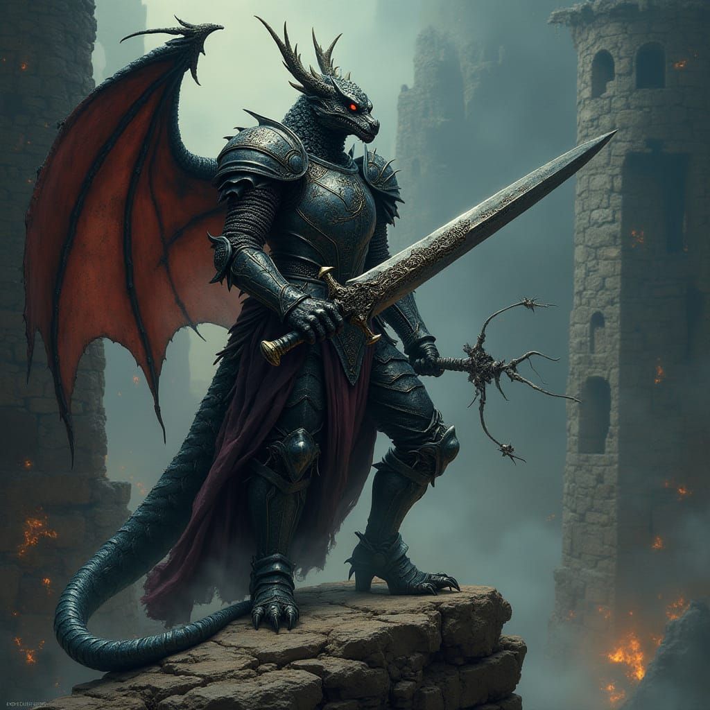 Dark Fantasy Dragonborn Paladin in Gothic Armor