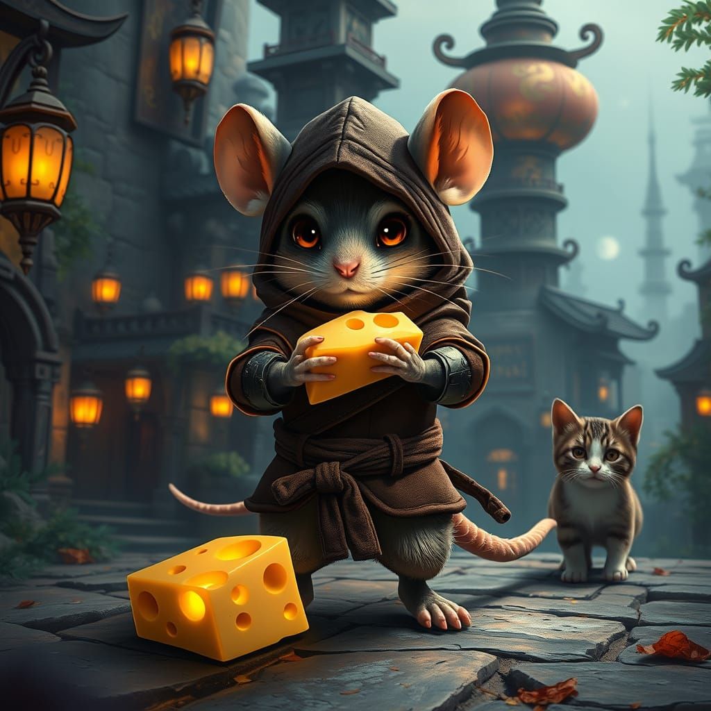 Heroic Mouse in Ninja Costume Stands on Paws, Grasping Glowi...