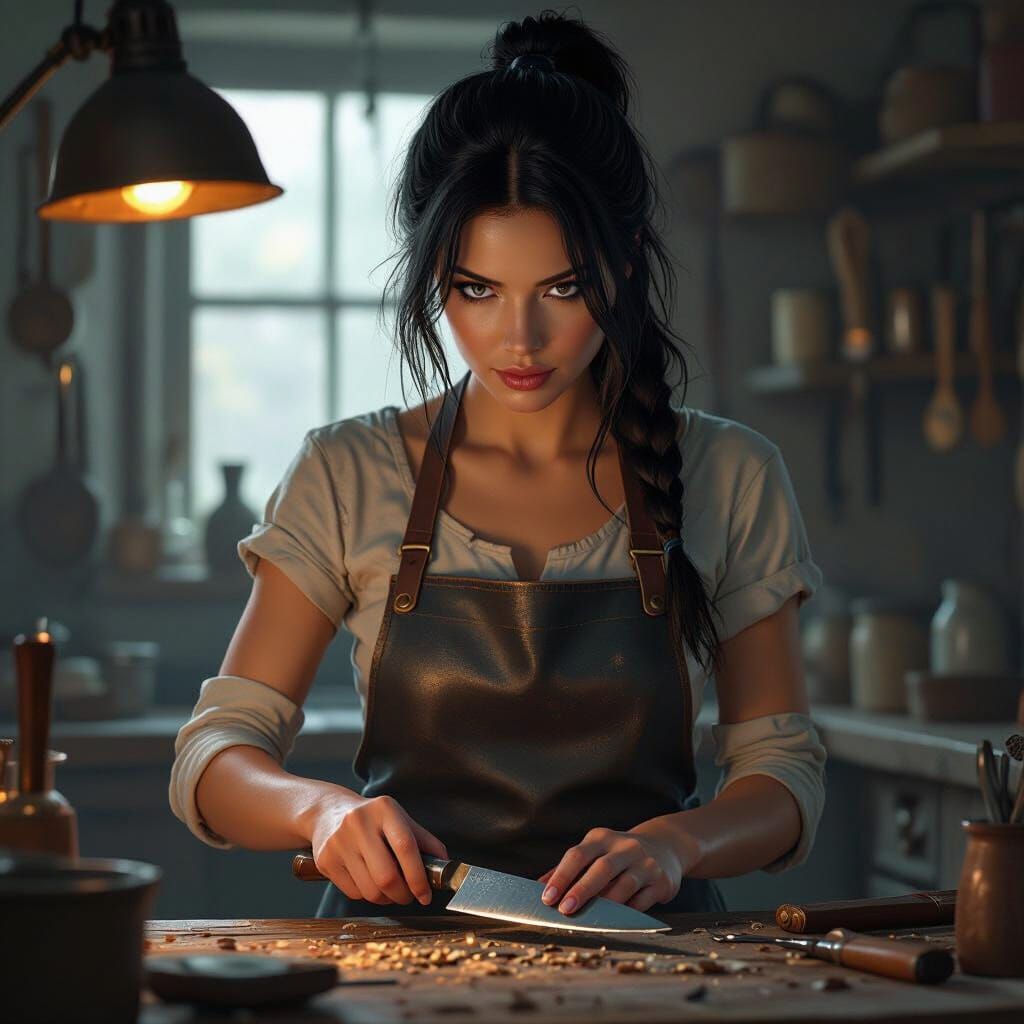 Woman Sharpening Knife in Dimly Lit Workshop
